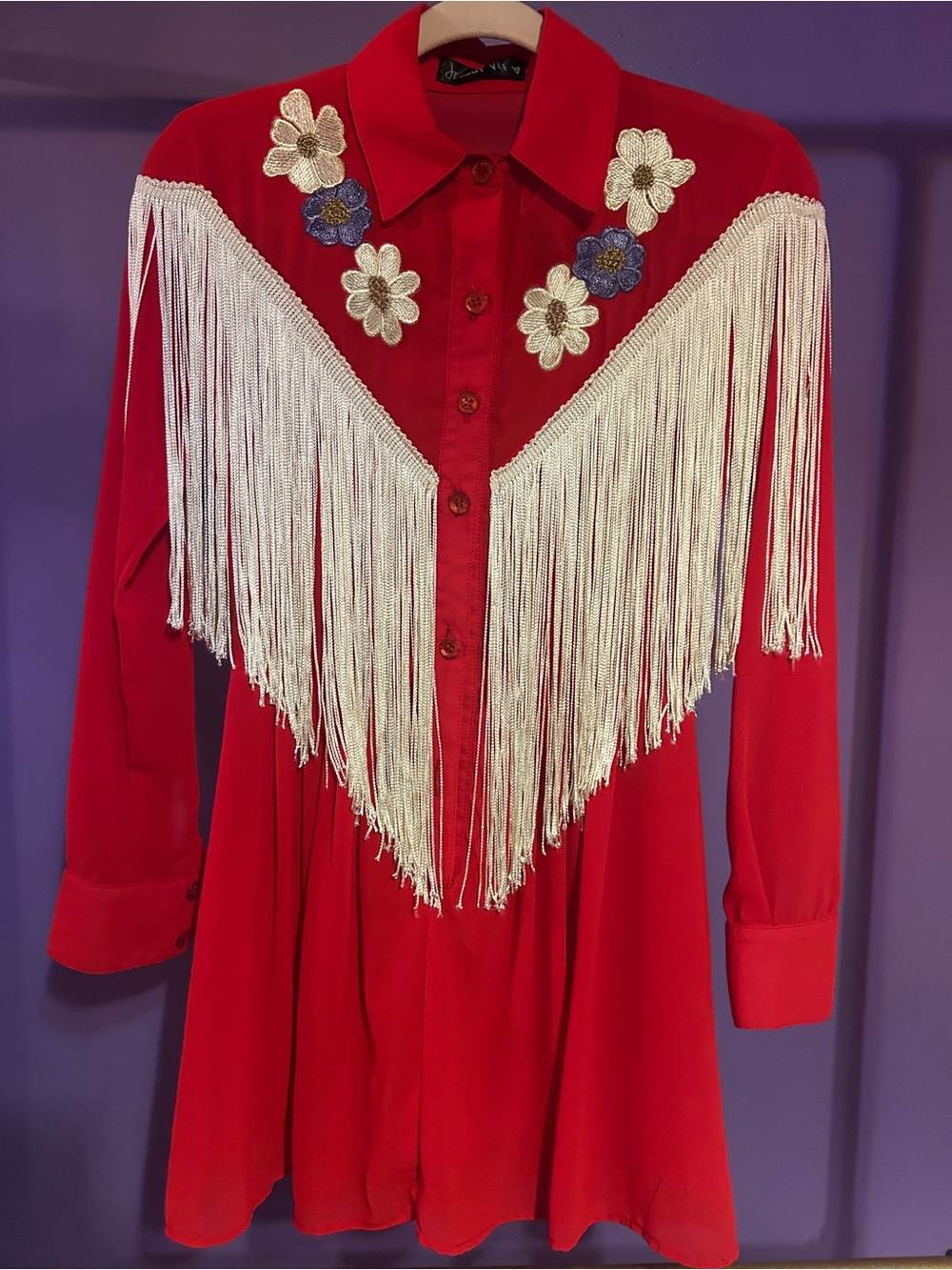 Red Fringe Embellished Western Shirt Dress Rodeo Finals NFR XS